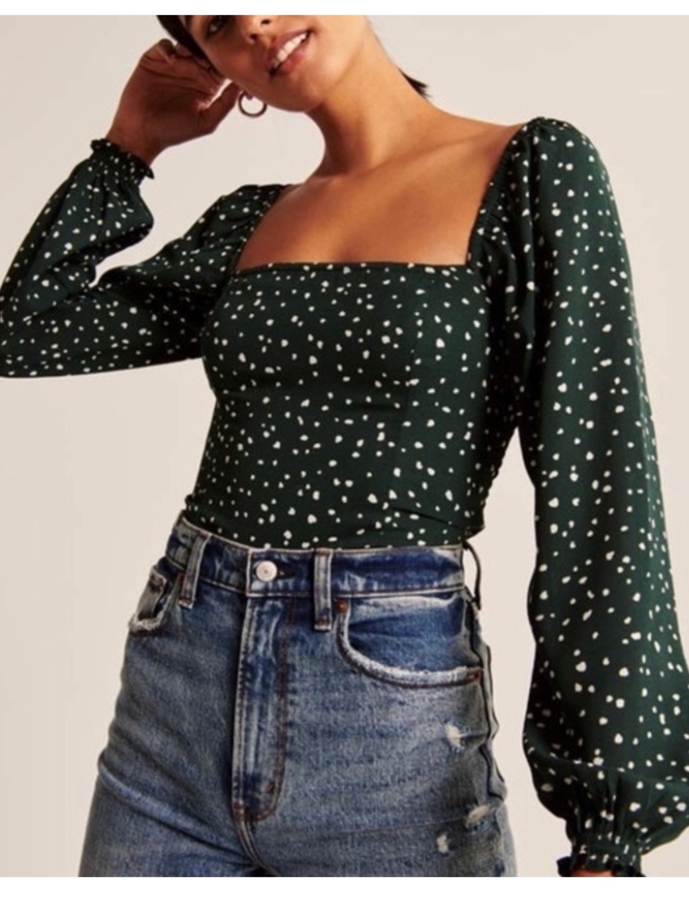 Abercrombie & Fitch Dark Green Square-Neck Puff Sleeve Blouse